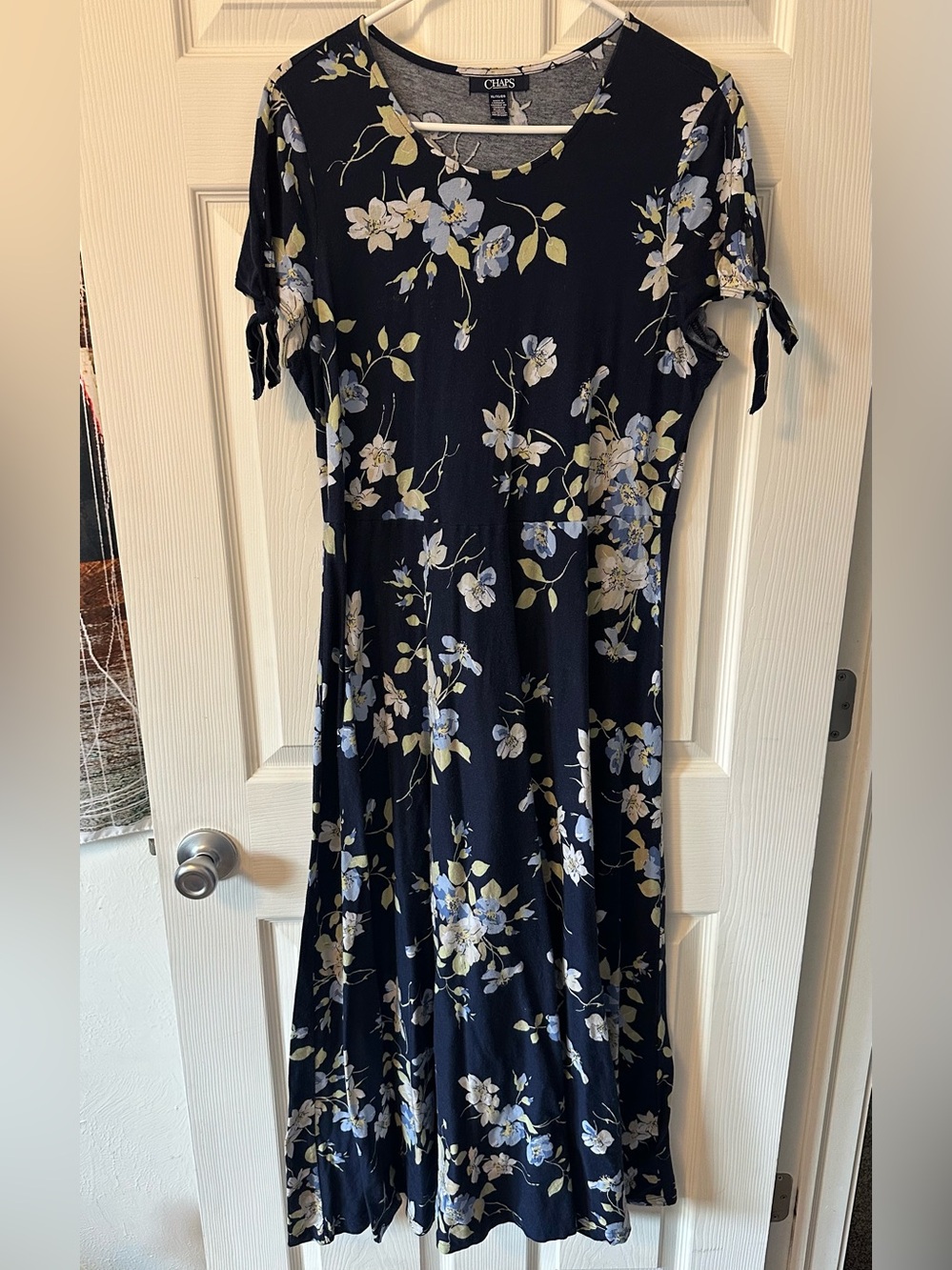 Chaps Navy Floral Maxi Dress with Light Blue & Cream Blooms